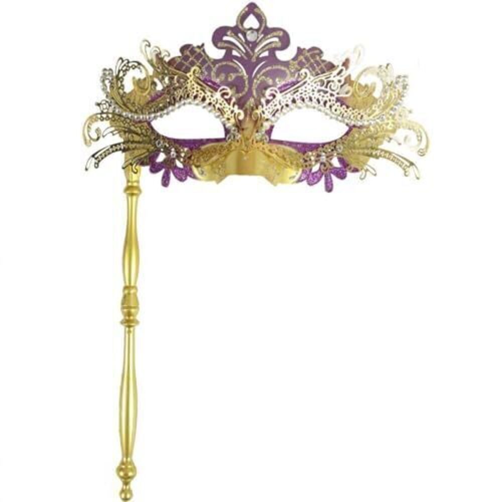 6053 Mardi Gras Mask with Stick Purple and Gold Venetian Mask